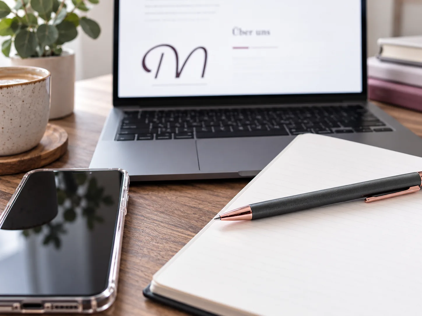 Kreativer Arbeitsplatz mit Laptop, Notizbuch und Stift – Schmidt's Media & More